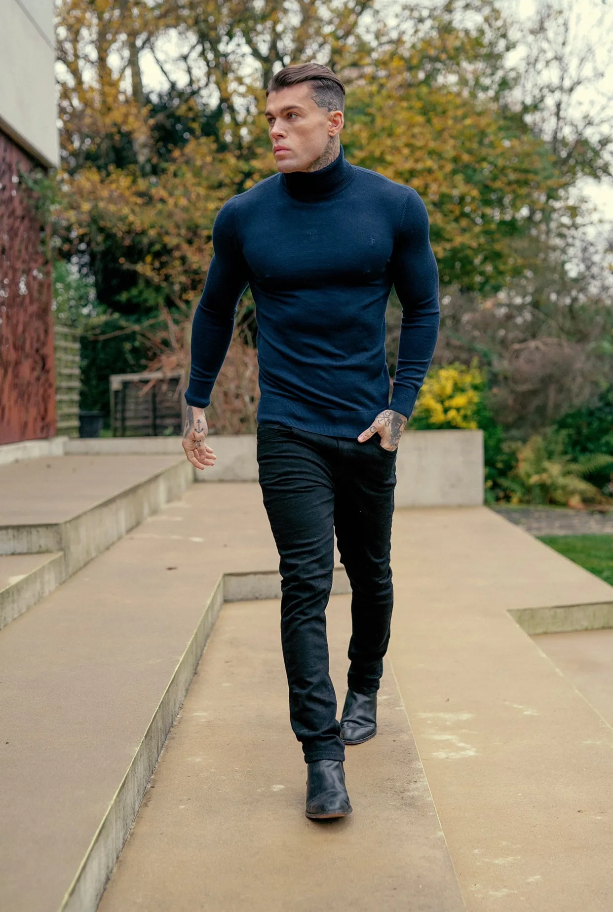 Father Sons Classic Navy Roll Neck Merino Wool Knitted Jumper With FS Embroidery - FSN011