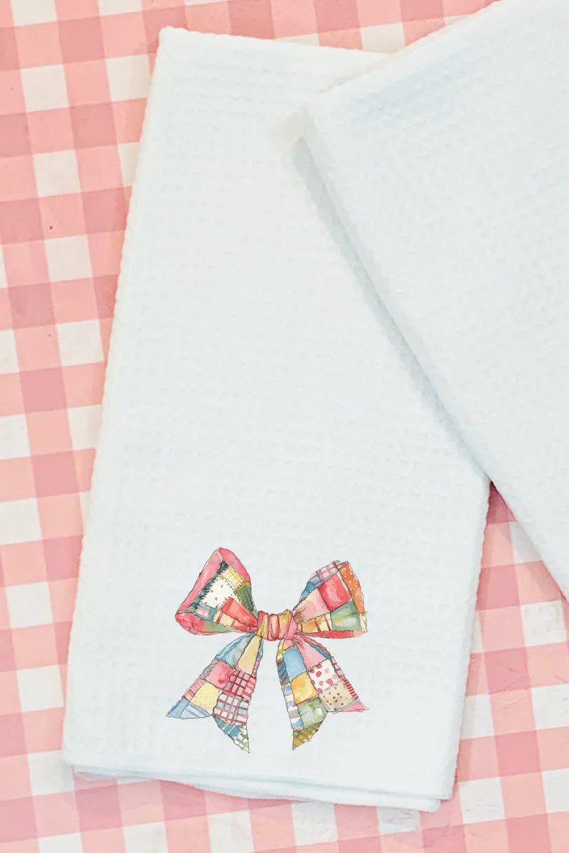 Faux Patchwork Quilt Stripe Bow Waffle Kitchen Towel