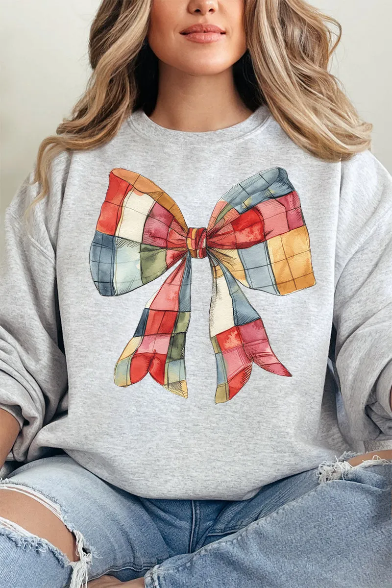 Faux Patchwork Red Bow Heavy-weight Crew Sweatshirt