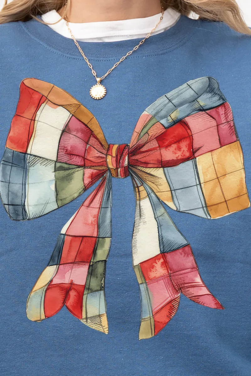 Faux Patchwork Red Bow Heavy-weight Crew Sweatshirt