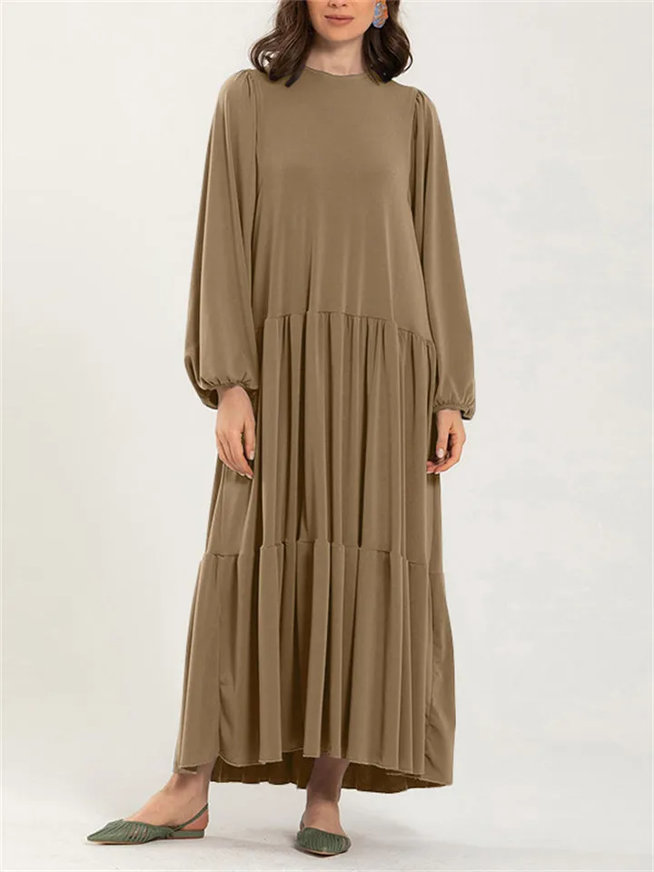 Female Plus Size Pleated Round Neck Patchwork Dresses