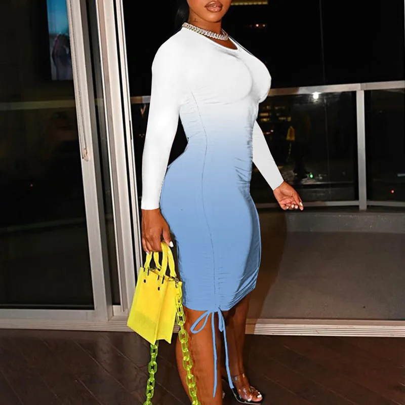 Gradient Color Long Sleeve Drawstring Bodycon Dress