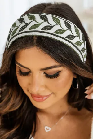 Grass Green Leafy Embroidered Headband
