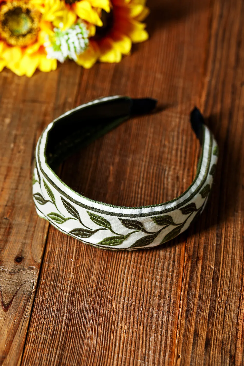 Grass Green Leafy Embroidered Headband