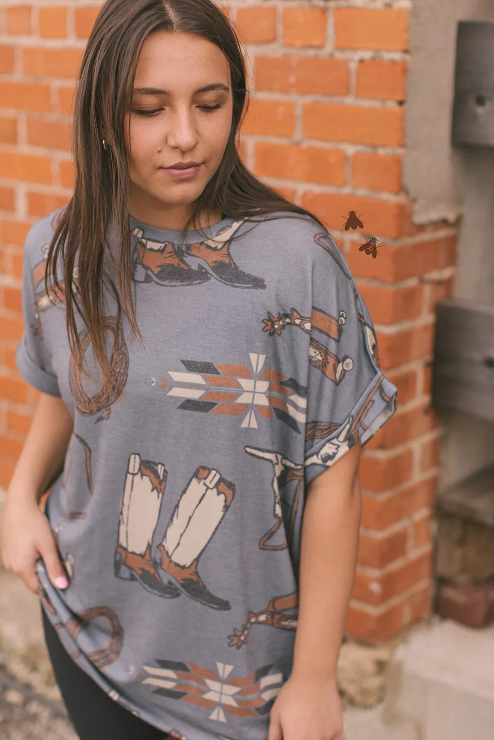 Gray Western Cowboy Fashion Printed Cuffed Sleeve T Shirt