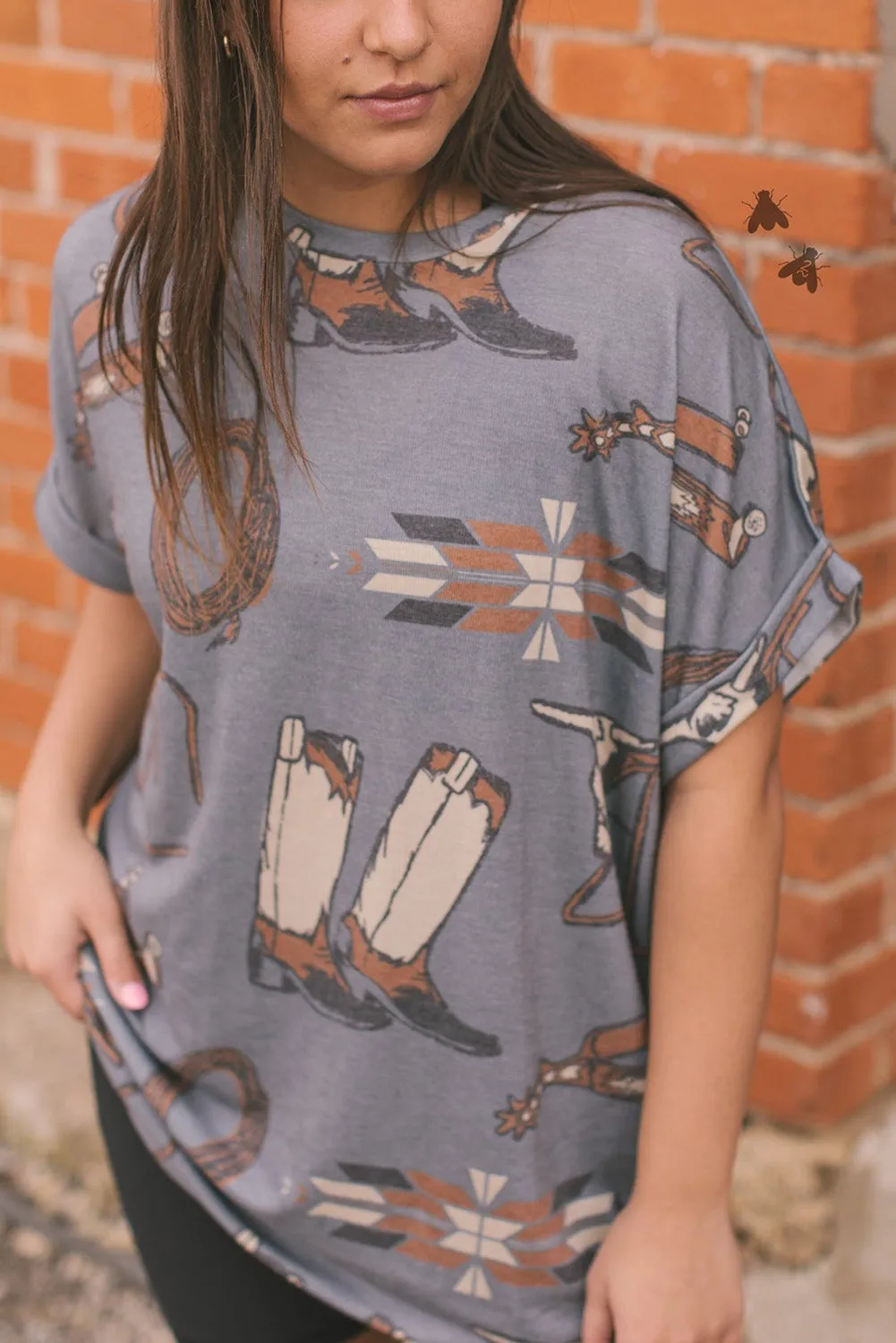 Gray Western Cowboy Fashion Printed Cuffed Sleeve T Shirt