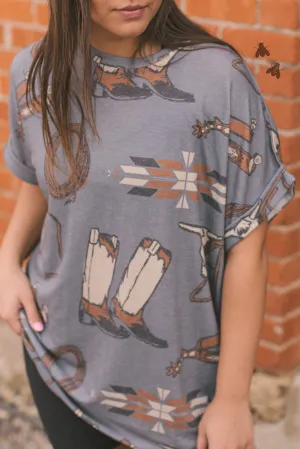 Gray Western Cowboy Fashion Printed Cuffed Sleeve T Shirt