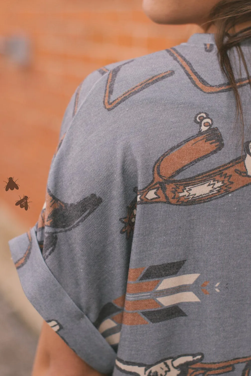 Gray Western Cowboy Fashion Printed Cuffed Sleeve T Shirt