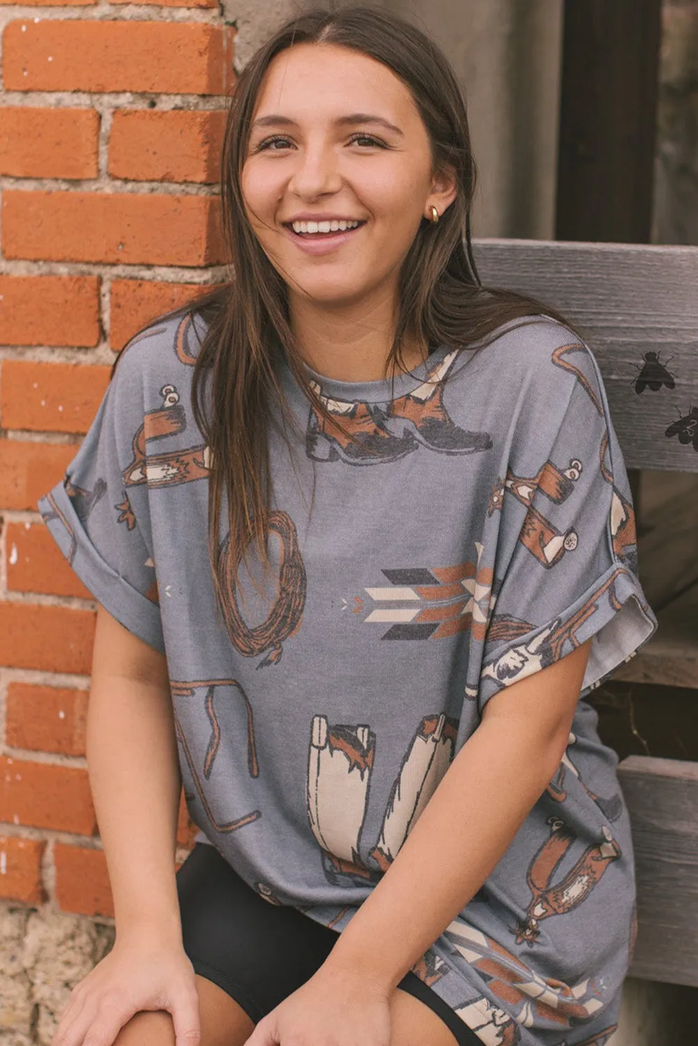 Gray Western Cowboy Fashion Printed Cuffed Sleeve T Shirt