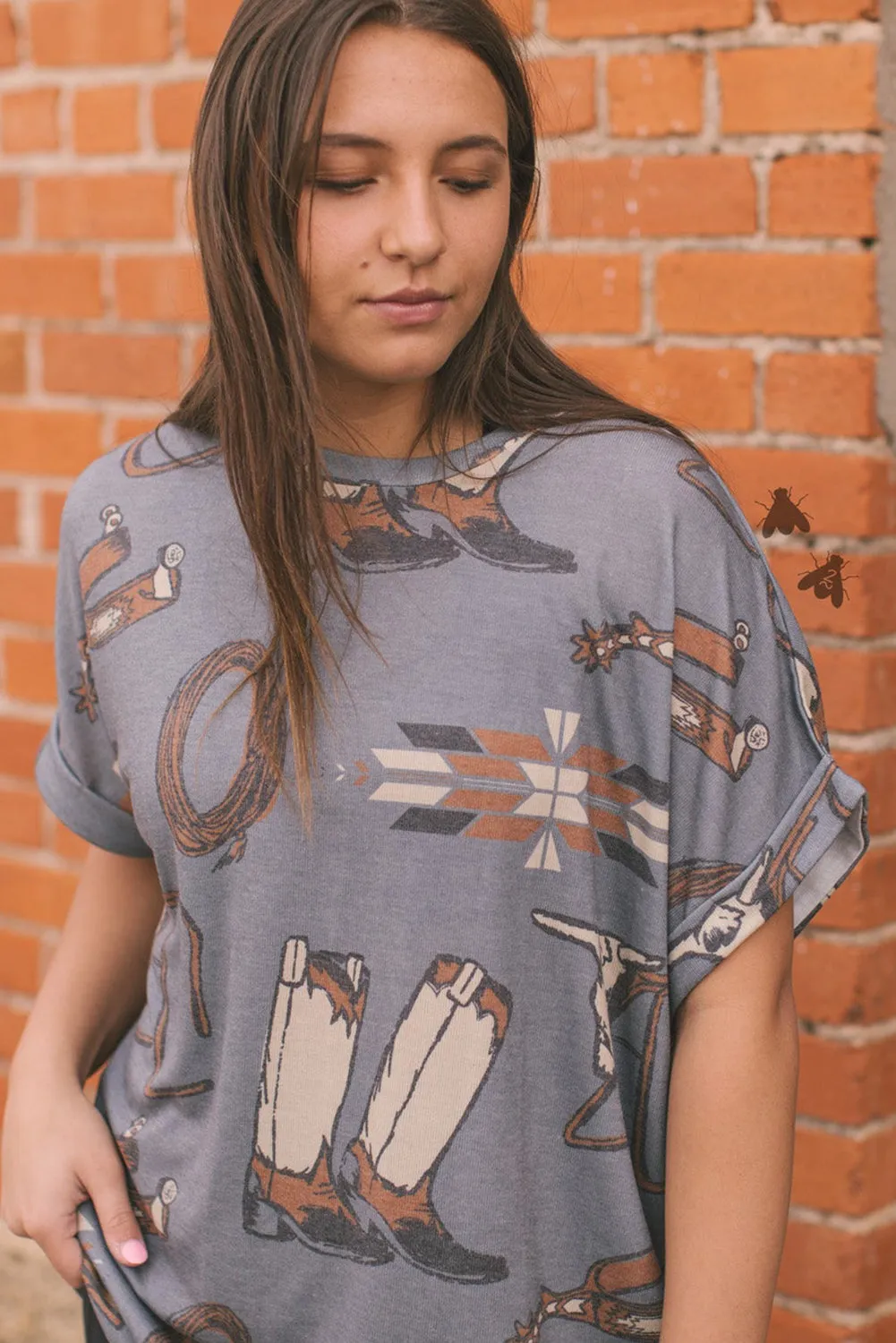 Gray Western Cowboy Fashion Printed Cuffed Sleeve T Shirt