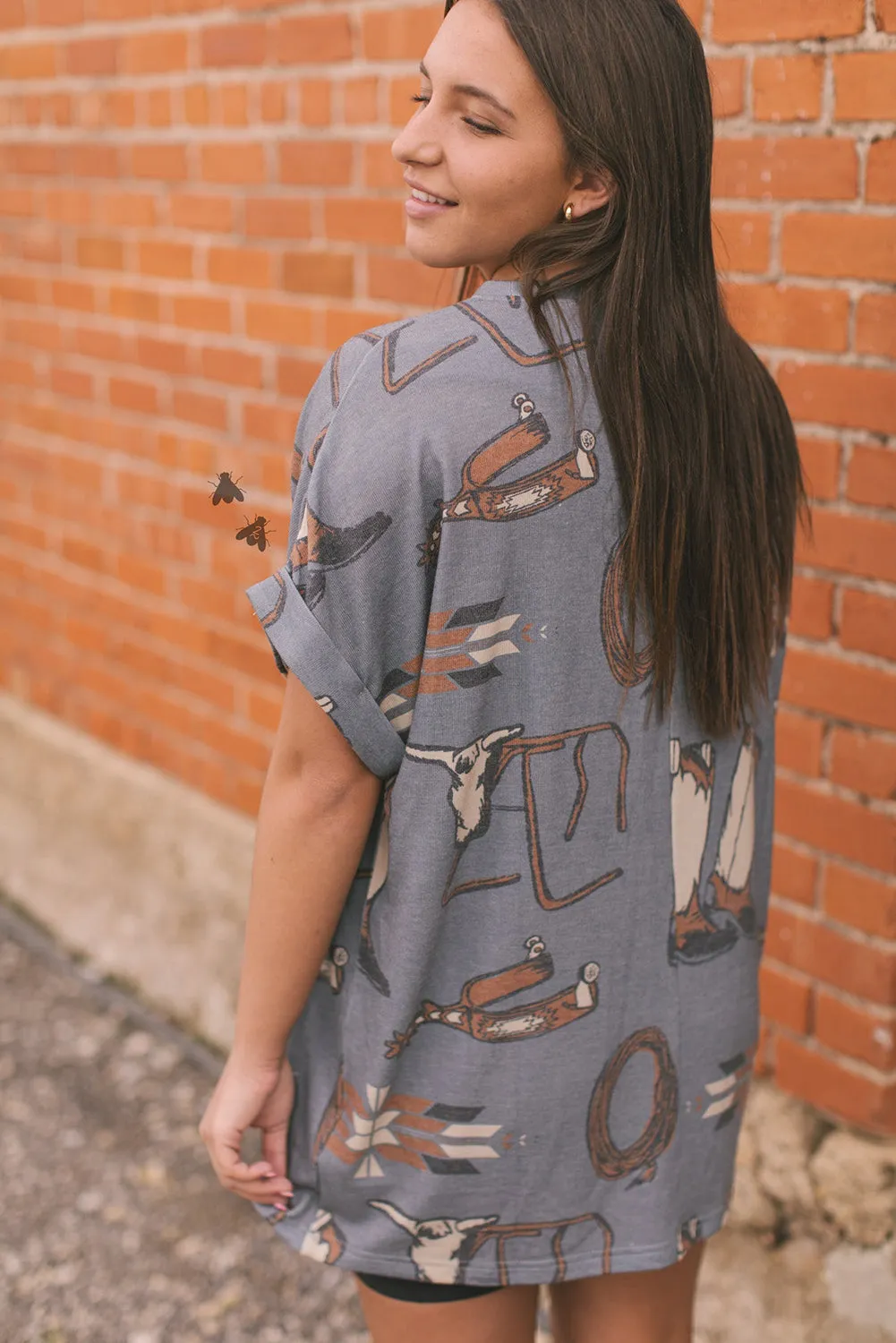 Gray Western Cowboy Fashion Printed Cuffed Sleeve T Shirt
