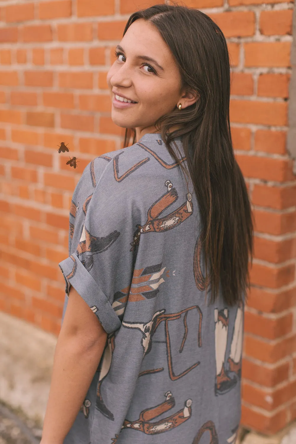 Gray Western Cowboy Fashion Printed Cuffed Sleeve T Shirt
