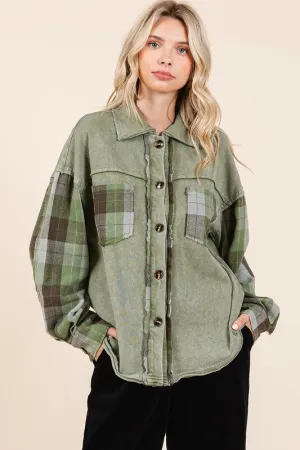 Green Button Down Contrast Plaid Patchwork Shacket