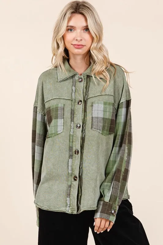 Green Button Down Contrast Plaid Patchwork Shacket
