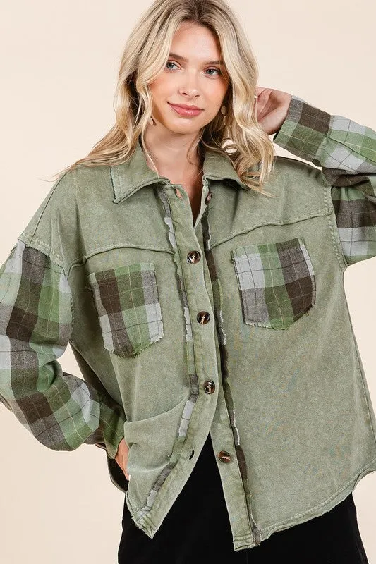 Green Button Down Contrast Plaid Patchwork Shacket