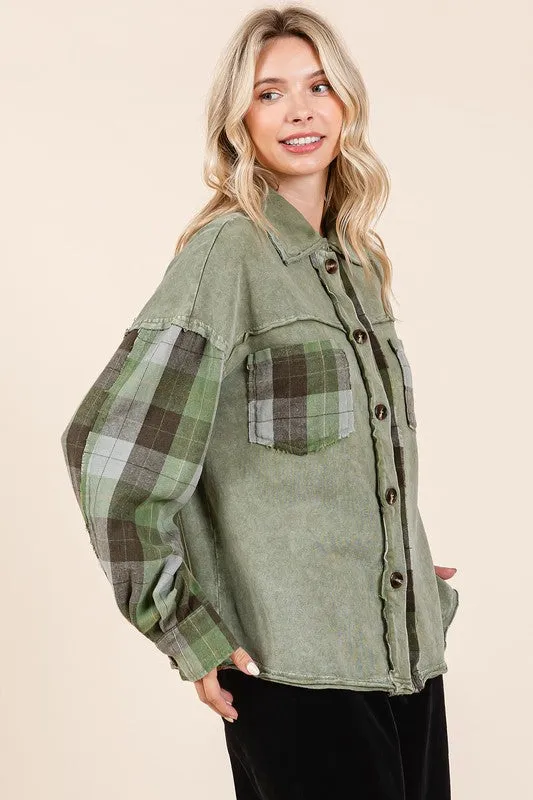 Green Button Down Contrast Plaid Patchwork Shacket