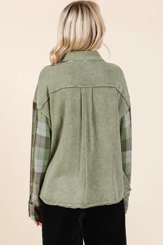 Green Button Down Contrast Plaid Patchwork Shacket