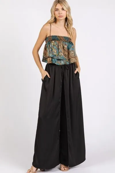 Green Paisley Patchwork Print Satin Ruffle Crop Cami