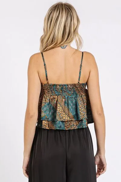 Green Paisley Patchwork Print Satin Ruffle Crop Cami