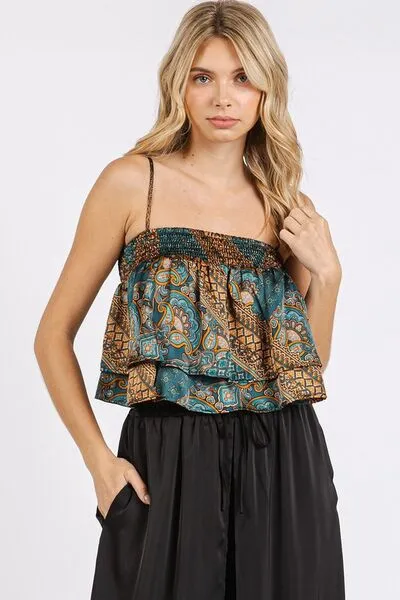 Green Paisley Patchwork Print Satin Ruffle Crop Cami