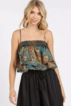 Green Paisley Patchwork Print Satin Ruffle Crop Cami