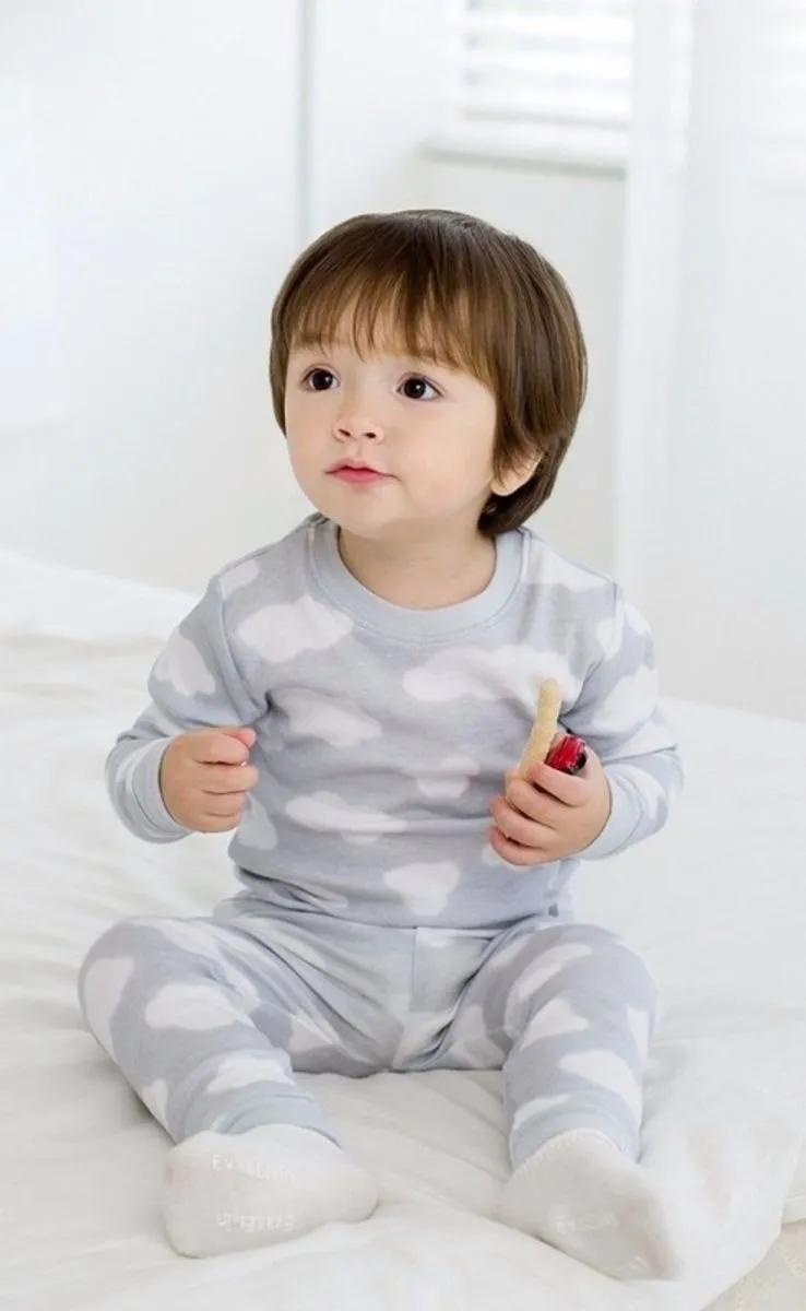 Grey & Yellow Cloud Print Long Sleeves & Pants Set