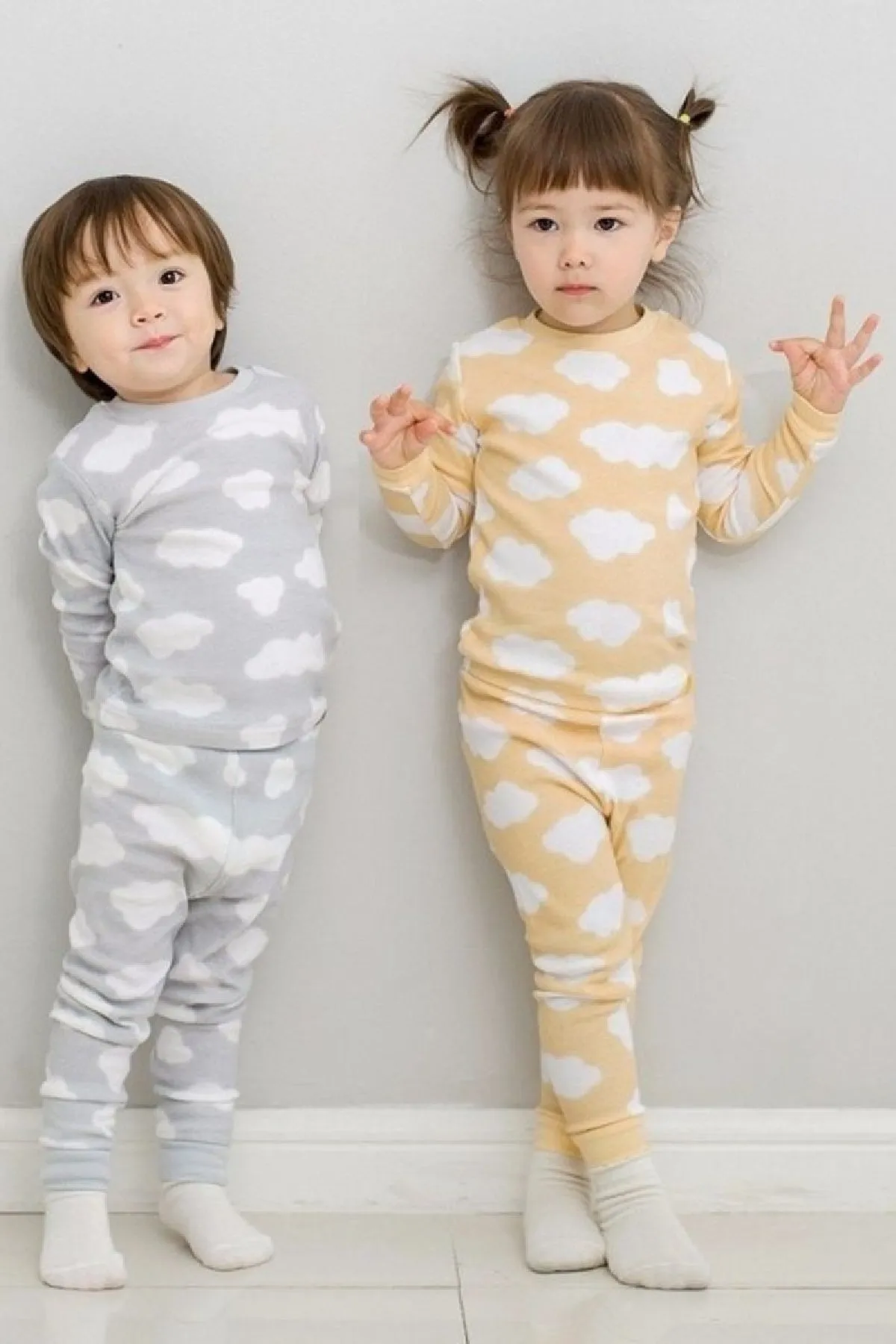 Grey & Yellow Cloud Print Long Sleeves & Pants Set