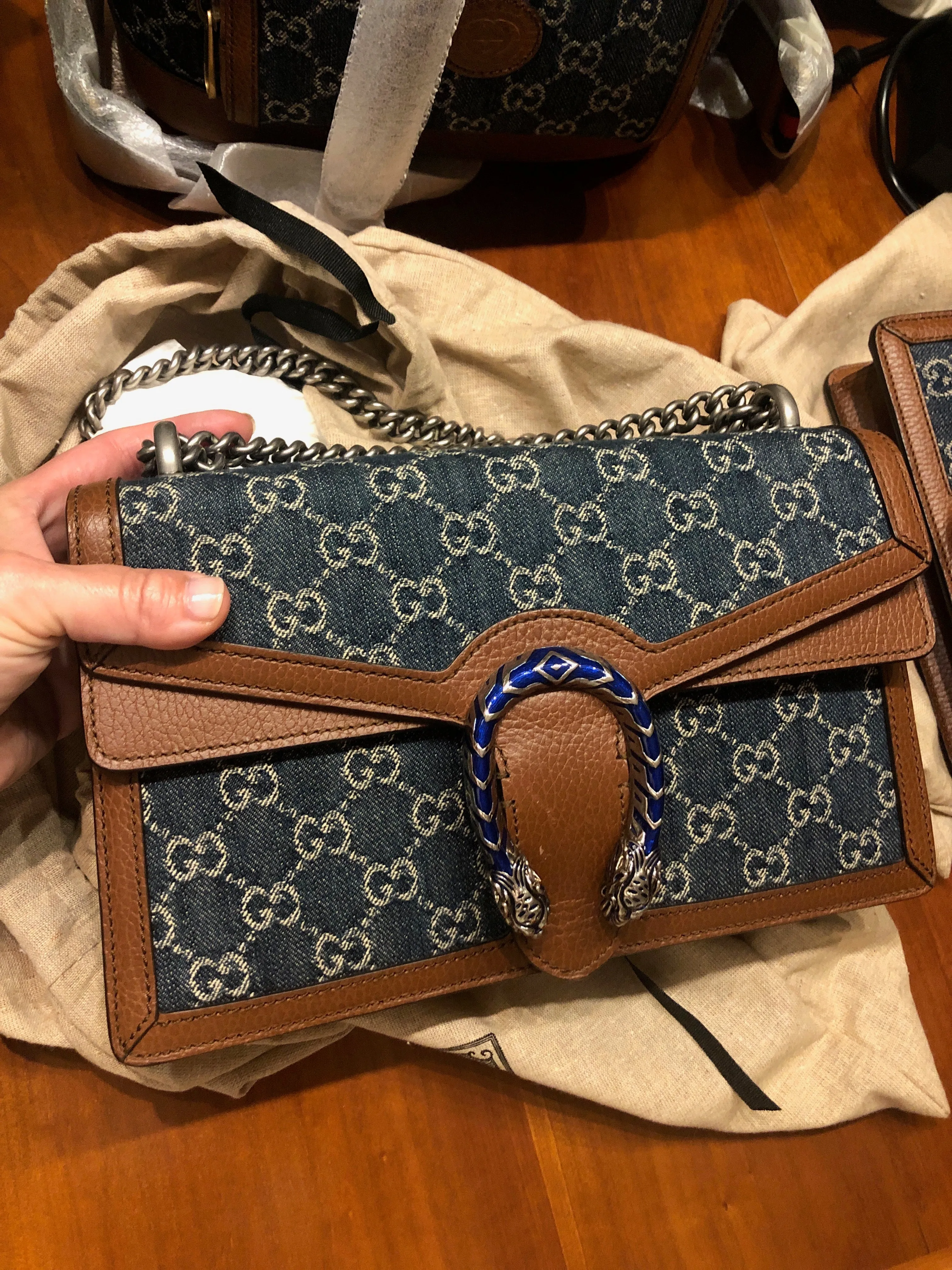Gucci Small Dionysus Shoulder Bag in Blue and Ivory GG
