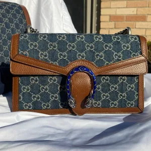 Gucci Small Dionysus Shoulder Bag in Blue and Ivory GG