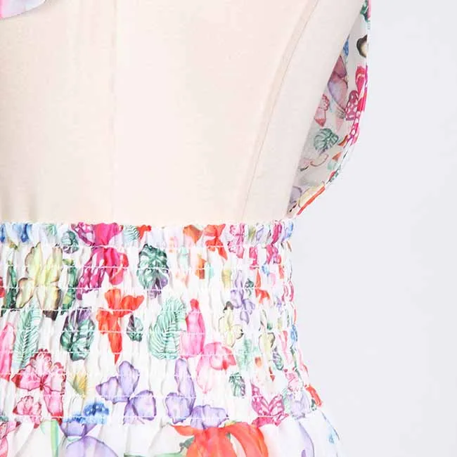 Halter Floral Patchwork Multi-Layered Ruffle Mini Dresses
