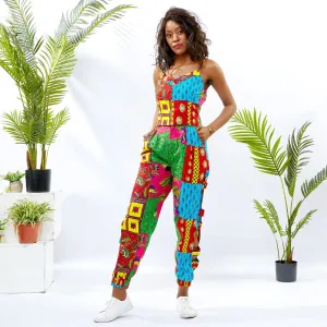 Hand Made Traditional African Kitenge Wax Print Sling Zipper Pants With Spaghetti Crop Top