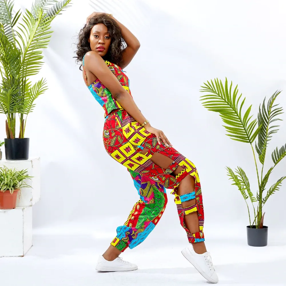 Hand Made Traditional African Kitenge Wax Print Sling Zipper Pants With Spaghetti Crop Top