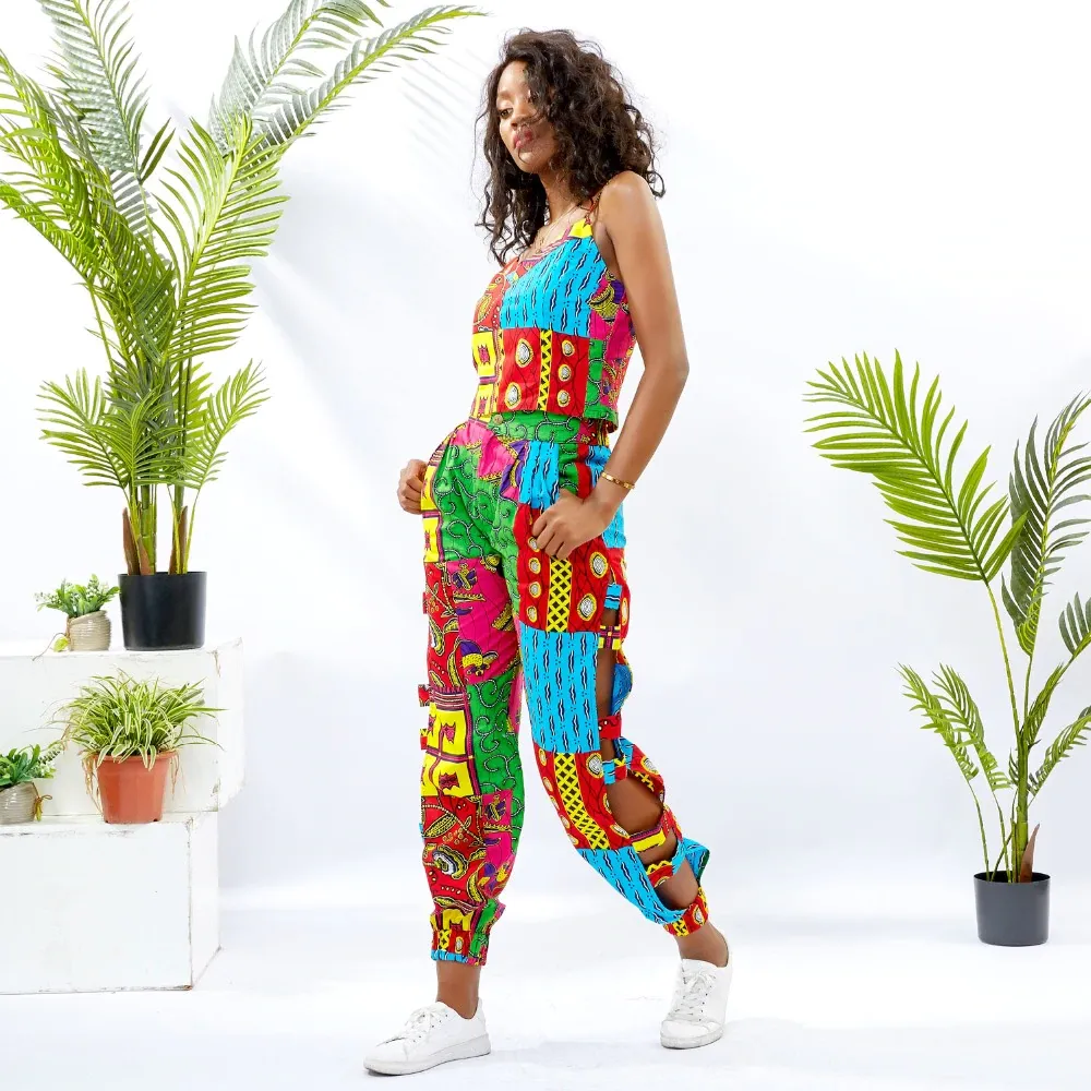 Hand Made Traditional African Kitenge Wax Print Sling Zipper Pants With Spaghetti Crop Top