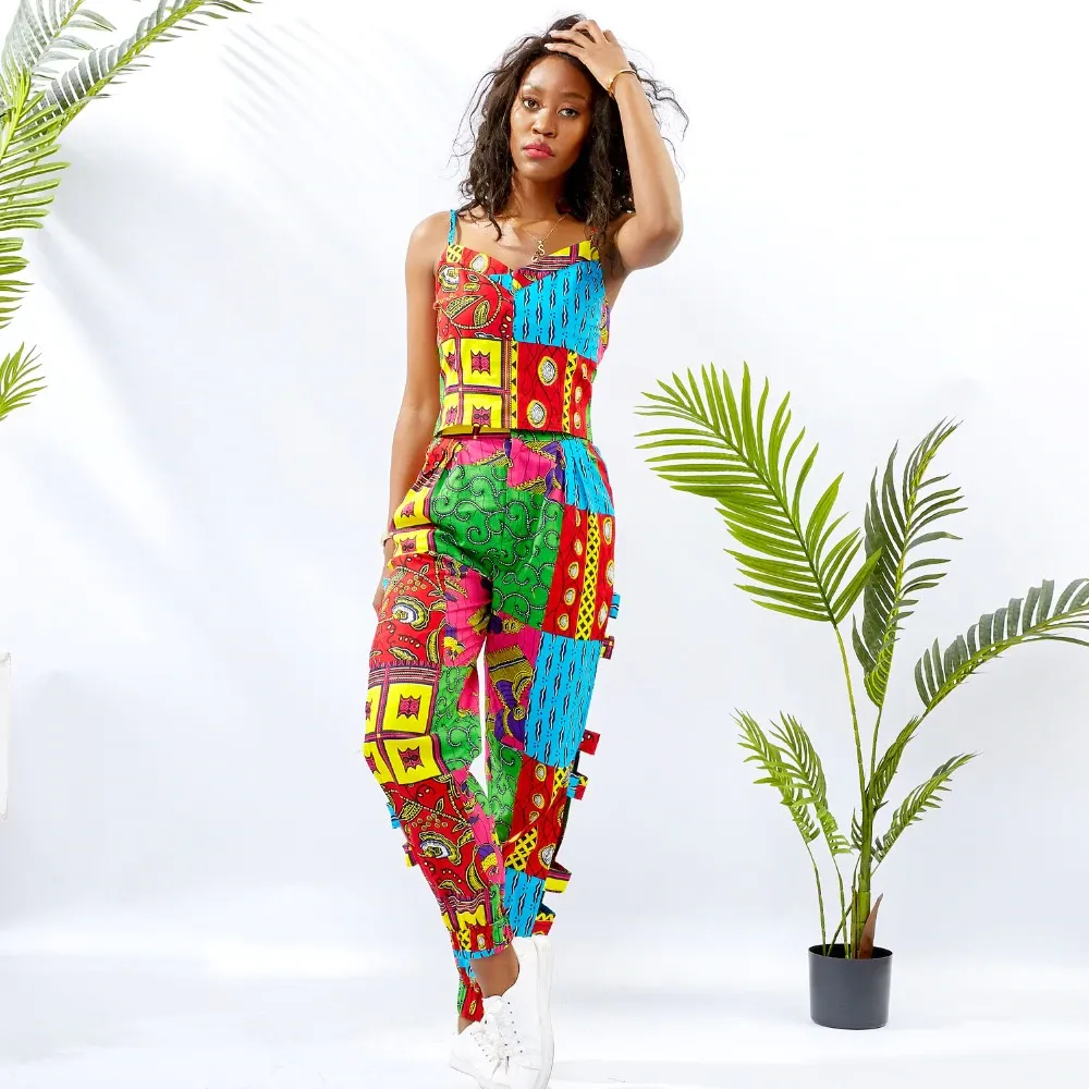 Hand Made Traditional African Kitenge Wax Print Sling Zipper Pants With Spaghetti Crop Top