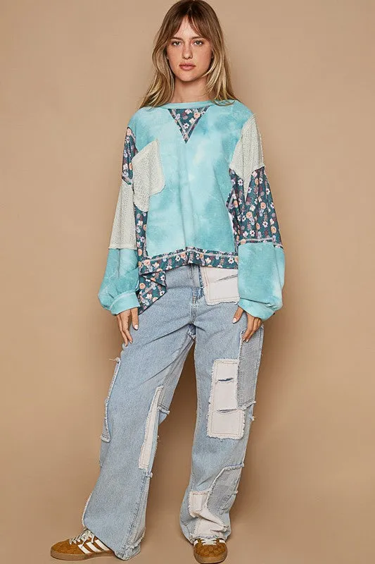 Hazel Blues® |  POL Floral Patchwork Round Neck Knit Top