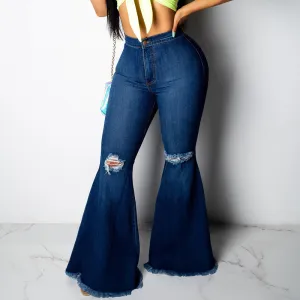 High Waist Tassel Bell Bottom Denim Pants