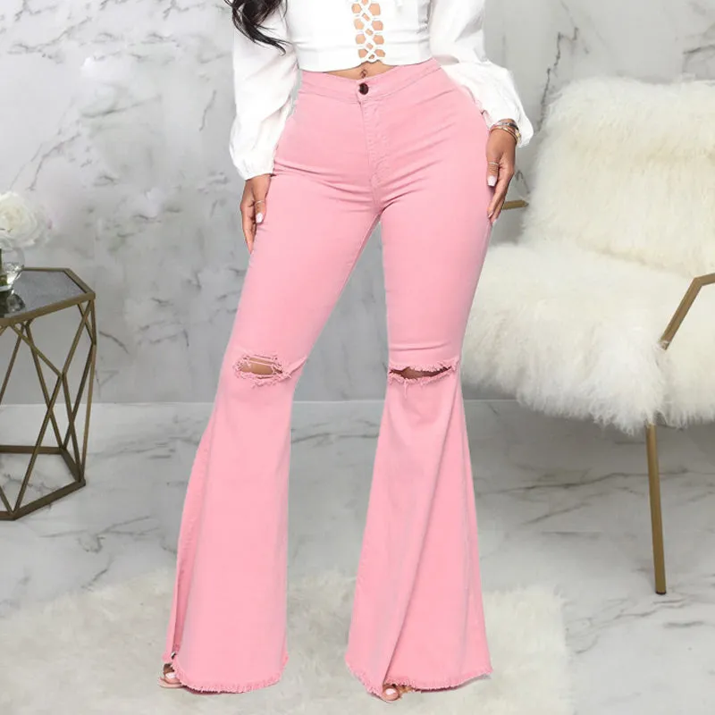 High Waist Tassel Bell Bottom Denim Pants