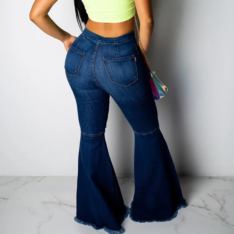 High Waist Tassel Bell Bottom Denim Pants