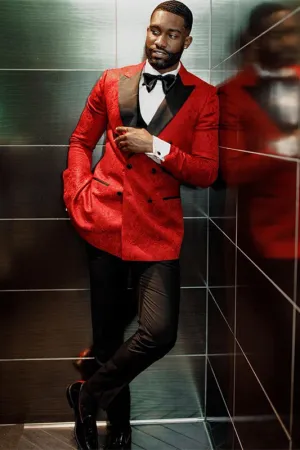 Hot Red Jacquard Double Breasted Fashion Wedding Men Suits
