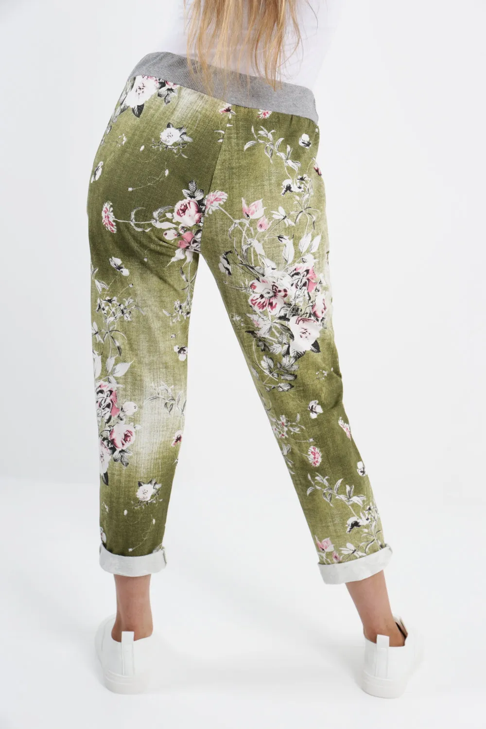 Italian Stretch Cotton Trousers ~ Floral Olive