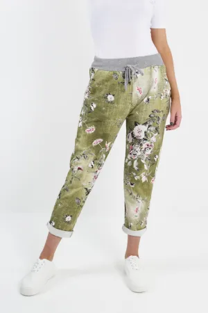 Italian Stretch Cotton Trousers ~ Floral Olive