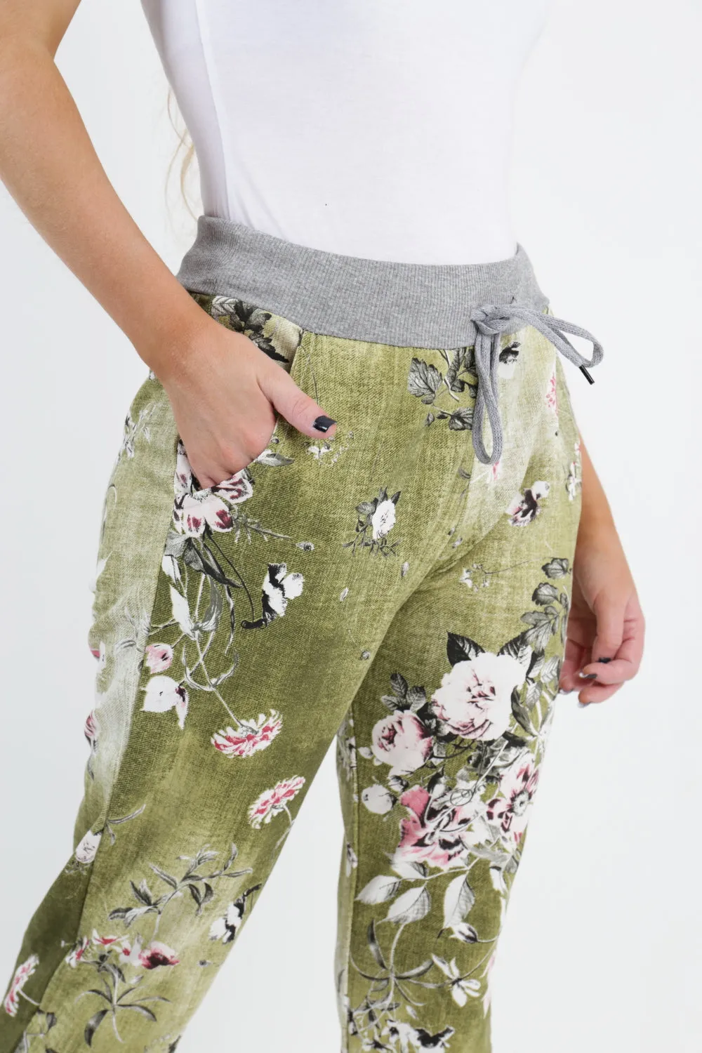 Italian Stretch Cotton Trousers ~ Floral Olive