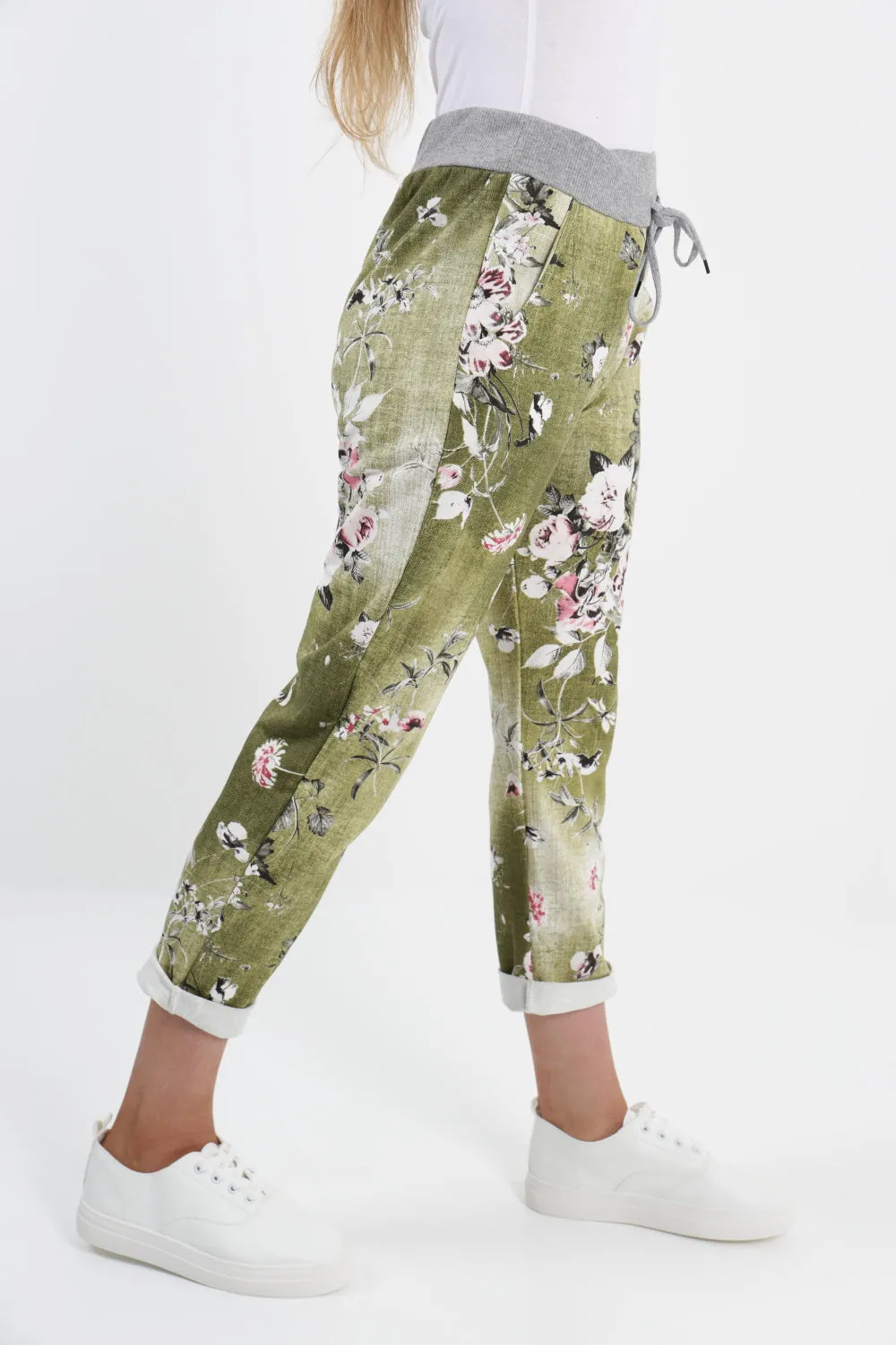Italian Stretch Cotton Trousers ~ Floral Olive