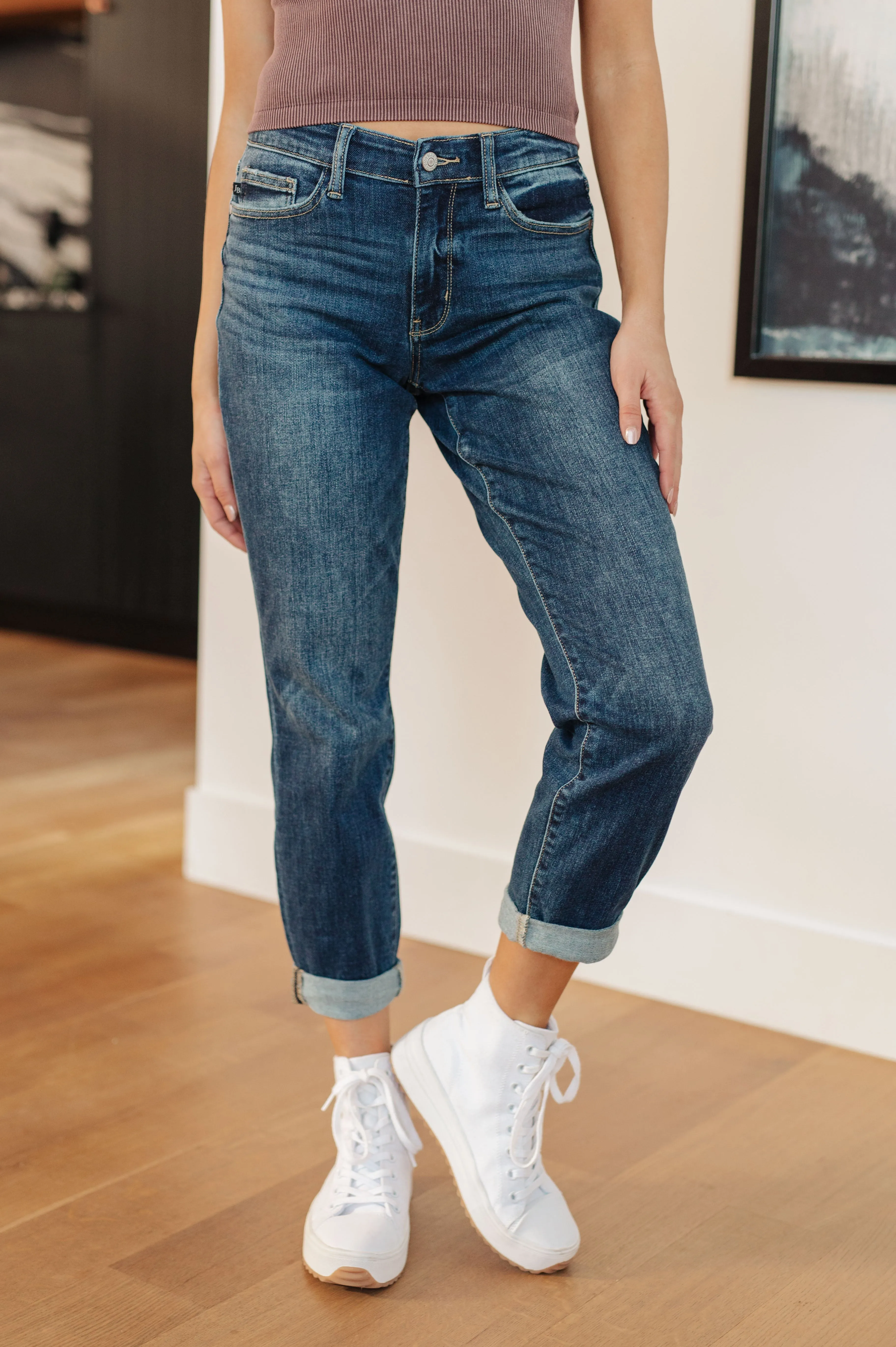 Judy Blue Mid-Rise Boyfriend Jeans in Dark Wash