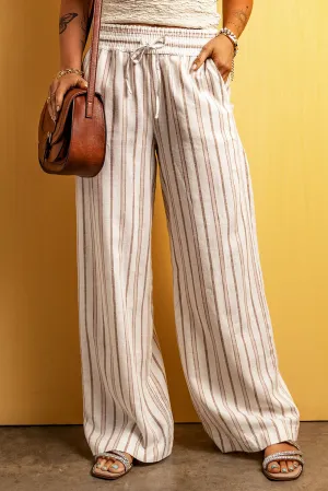 Khaki Striped Print Drawstring High Waist Casual Pants