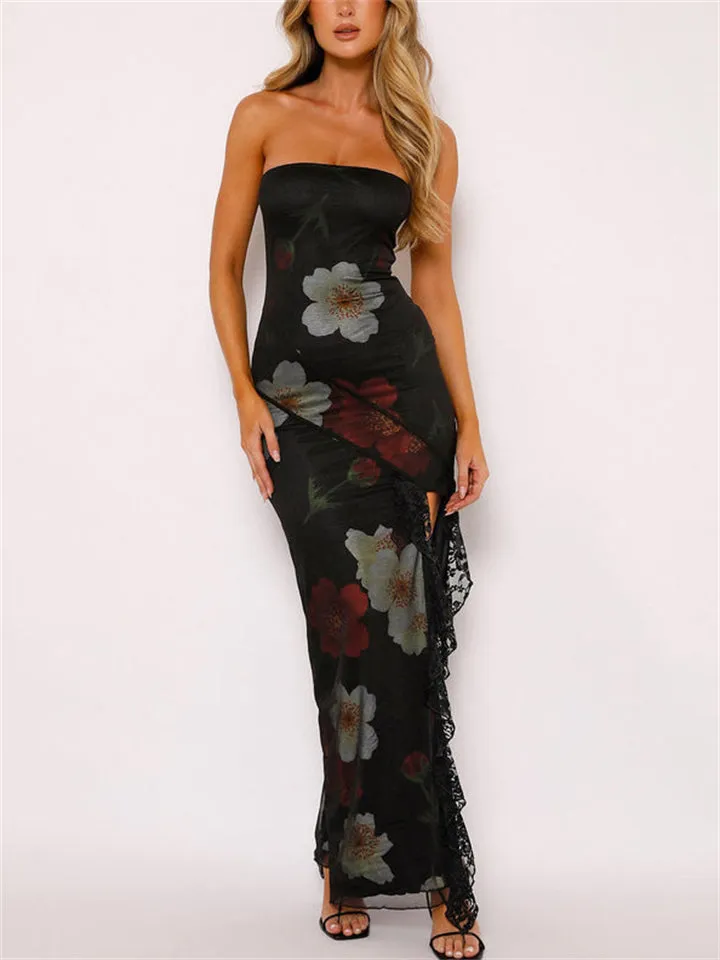 Ladies Sexy Off Shoulder High Split Lace Patchwork Bustier Dress