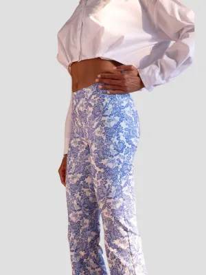 Leo Crop Paisley Flare Pant in White and Blue
