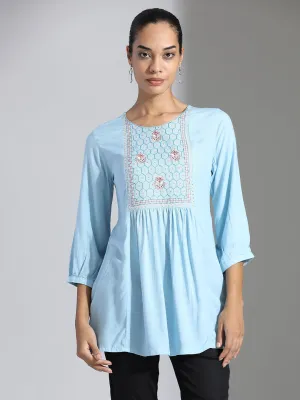 Light Blue Embroidered Party Wear A-line Top