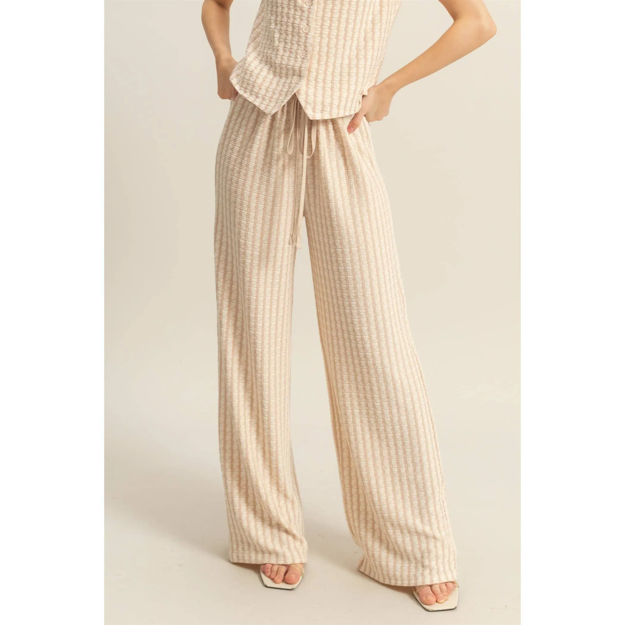 Light Taupe High Waist Drawstring Striped Knit HYFVE Pants