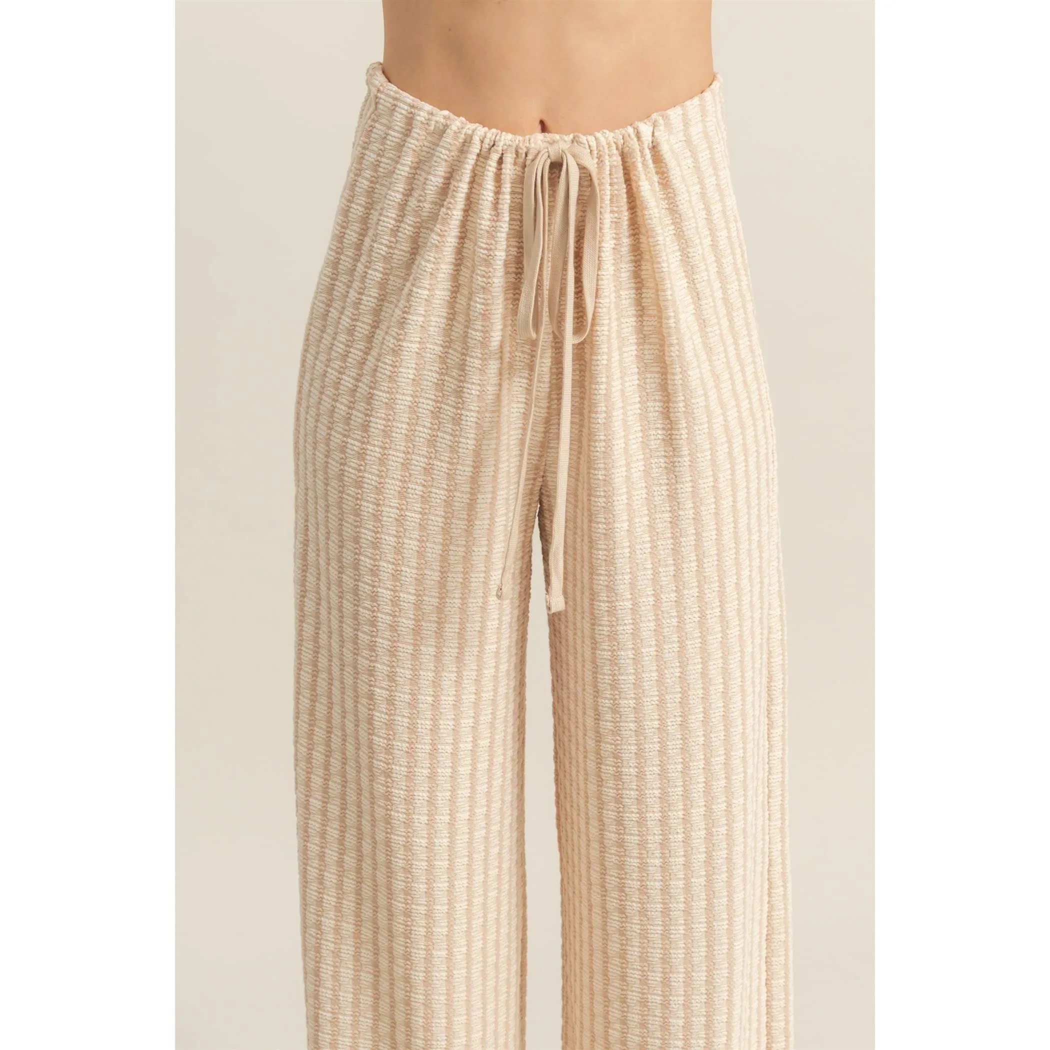 Light Taupe High Waist Drawstring Striped Knit HYFVE Pants